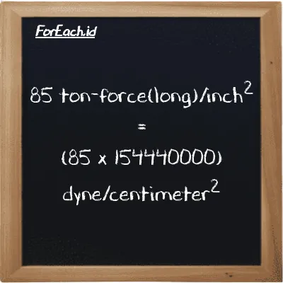 How to convert ton-force(long)/inch<sup>2</sup> to dyne/centimeter<sup>2</sup>: 85 ton-force(long)/inch<sup>2</sup> (LT f/in<sup>2</sup>) is equivalent to 85 times 154440000 dyne/centimeter<sup>2</sup> (dyn/cm<sup>2</sup>)